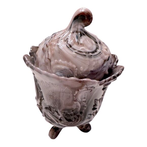 Imperial Glass Purple Slag Footed Covered Candy Jar 1960’s marbled pattern - Picture 3 of 11